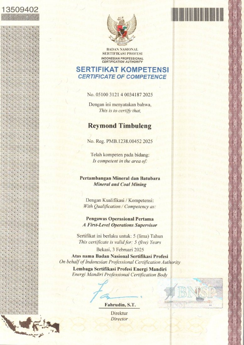 First-Level Operations Supervisor (POP) certificate issued to Reymond Timbuleng