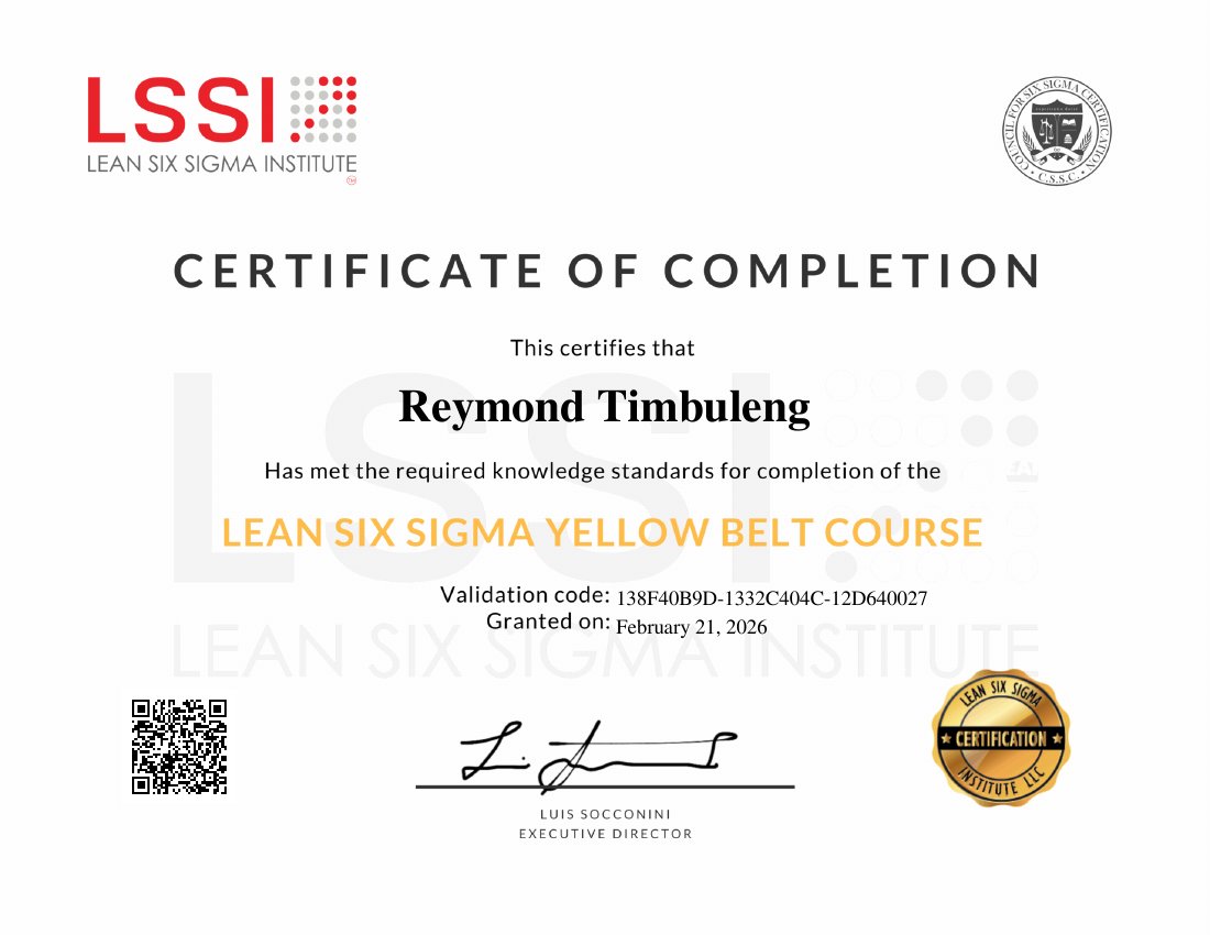 Lean Six Sigma Yellow Belt Course certificate issued to Reymond Timbuleng