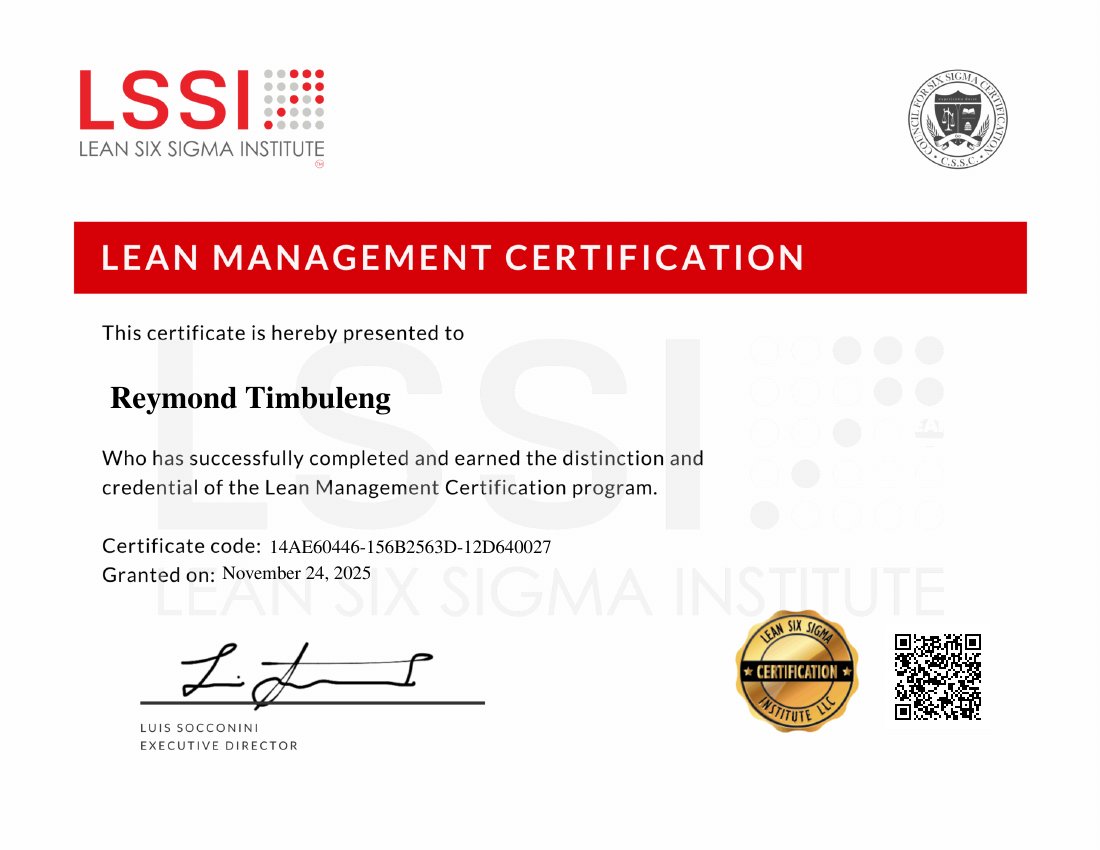 Lean Management Certification certificate issued to Reymond Timbuleng