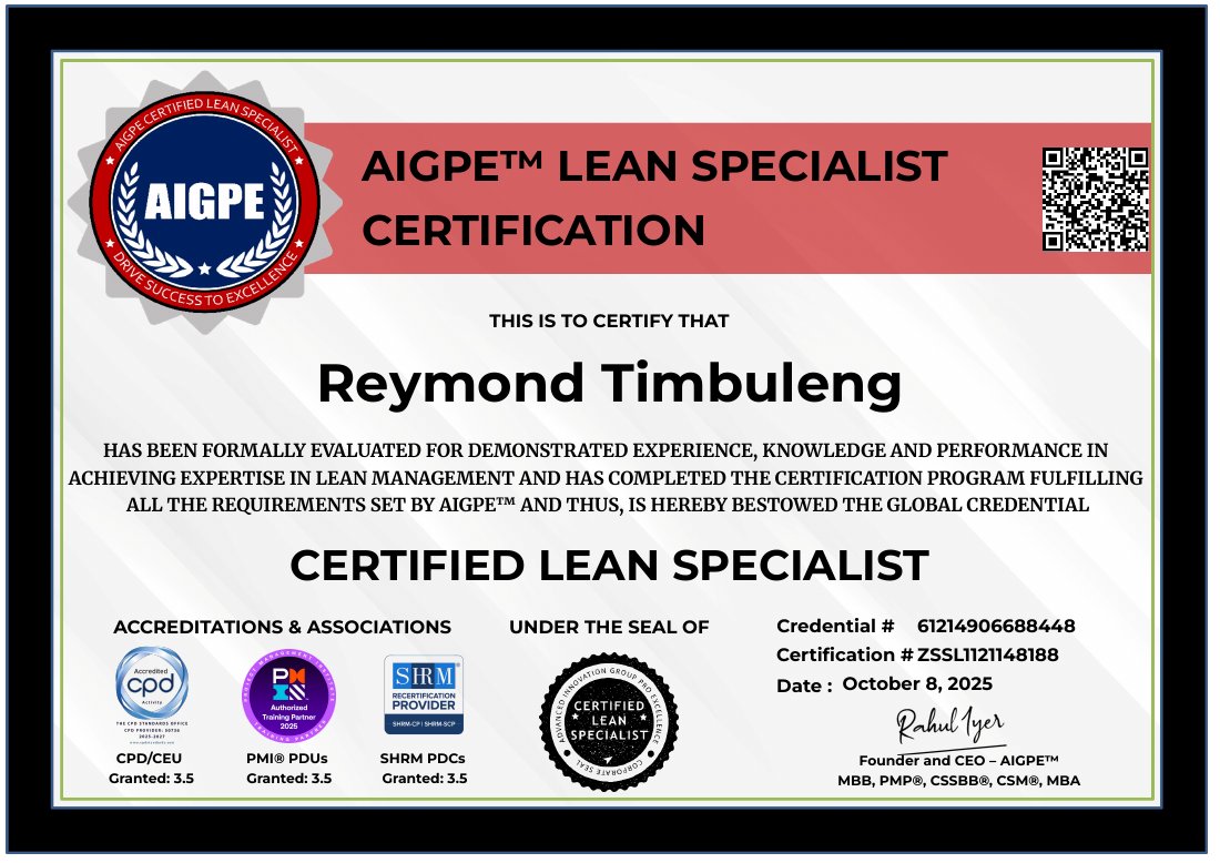 Certified Lean Specialist certificate issued to Reymond Timbuleng