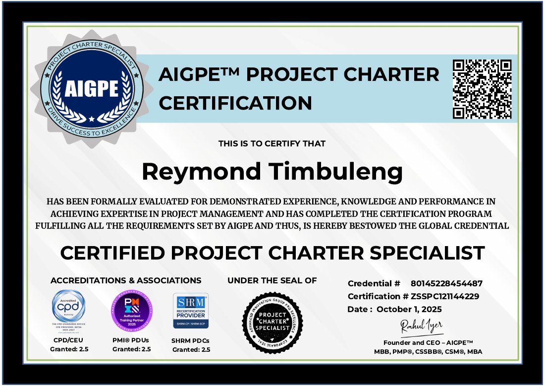 Certified Project Charter Specialist certificate issued to Reymond Timbuleng
