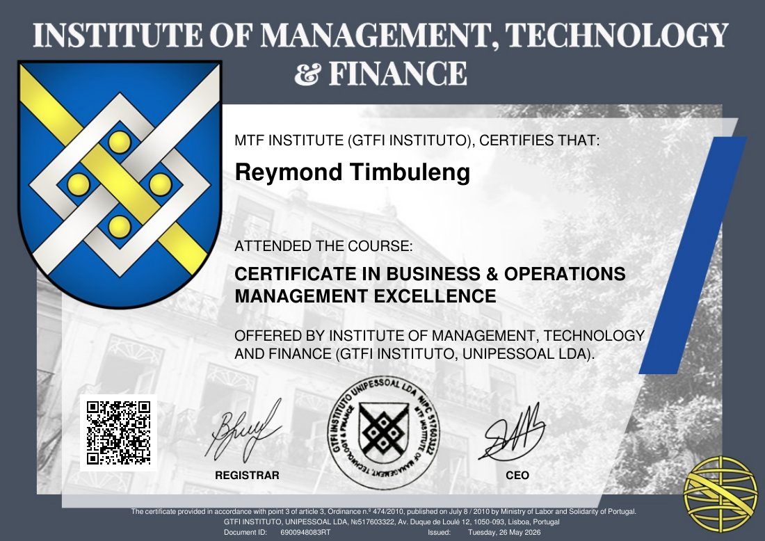 Business & Operations Management Excellence certificate issued to Reymond Timbuleng