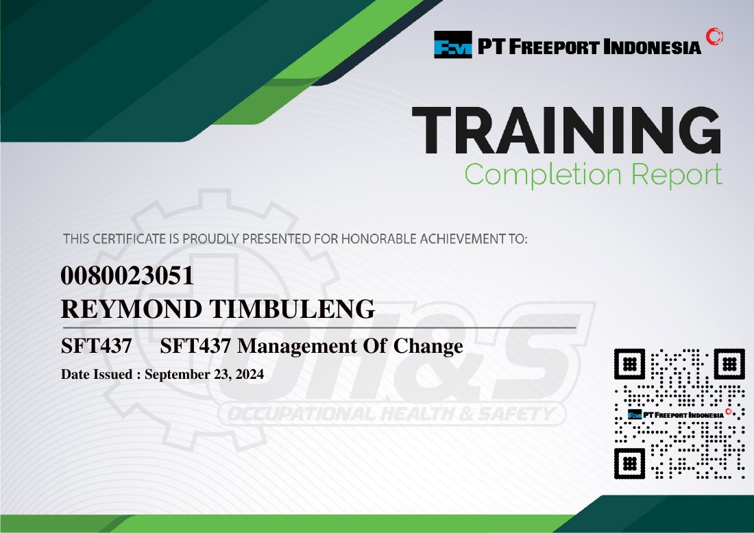 Management of Change — SFT437 certificate issued to Reymond Timbuleng